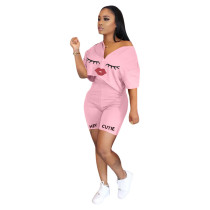 Plus Size Pink Lips Print Short Sleeve Two Piece Suits BLI-2033