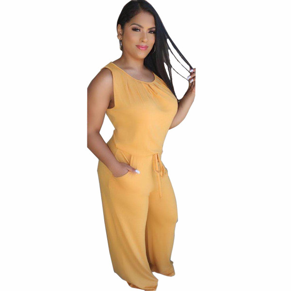 Plus Size Solid Sleeveless Two Piece Pants Set YNB-7085