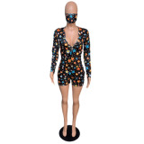 Star Print Deep V Neck Long Sleeve Rompers With Mask QZX-6129