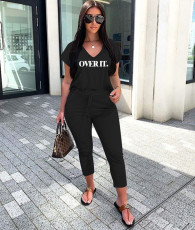 Letter Print V Neck T Shirt Ankle Lengtjh Pants Sets MEM-8280