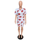 Lips Print T Shirt And Shorts Two Piece Suits QZX-6130