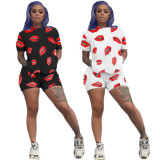 Lips Print T Shirt And Shorts Two Piece Suits QZX-6130