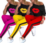 Plus Size Casual Lip Print T Shirt Long Pants Two Piece Set AIL-099