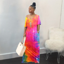 Plus Size Tie Dye Short Sleeve Loose Maxi Dress WAF-6055