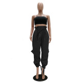 Solid Ruffled High Waist Casual Cargo Pants TR-1042