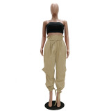 Solid Ruffled High Waist Casual Cargo Pants TR-1042
