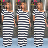 Casual Striped Hooded Short Sleeve Maxi Dress TE-4039