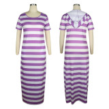 Casual Striped Hooded Short Sleeve Maxi Dress TE-4039