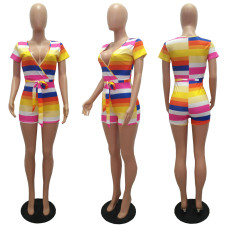 Rainbow Stripe V Neck Sashes One Piece Rompers MAE-2040