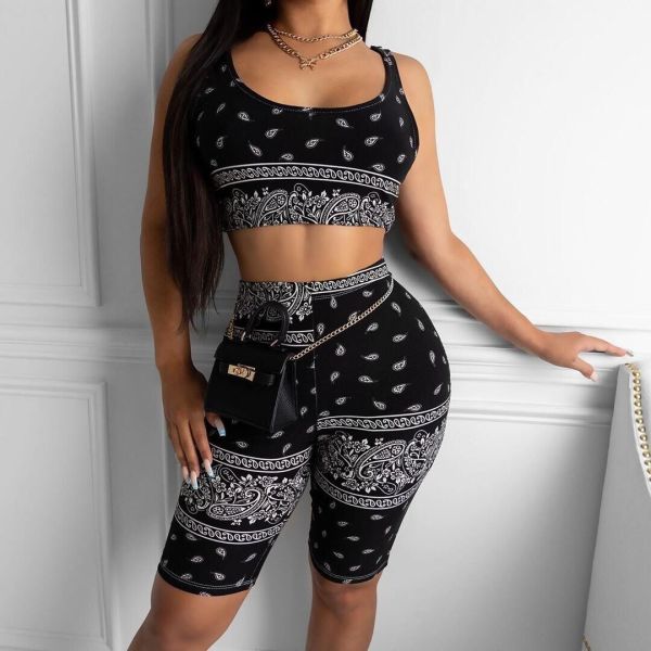 Plus Size Printed Tank Top Shorts 2 Piece Outfits FNN-8501