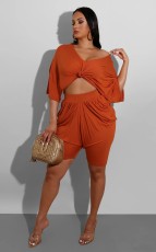 Solid Half Sleeve Pleated Two Piece Shorts Set WY-6688