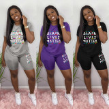 Letter Print T Shirt Shorts Two Piece Sets WAF-7003
