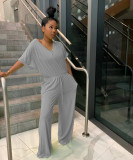 Plus Size Loose Casual Solid Color V Neck Jumpsuit SFY-141