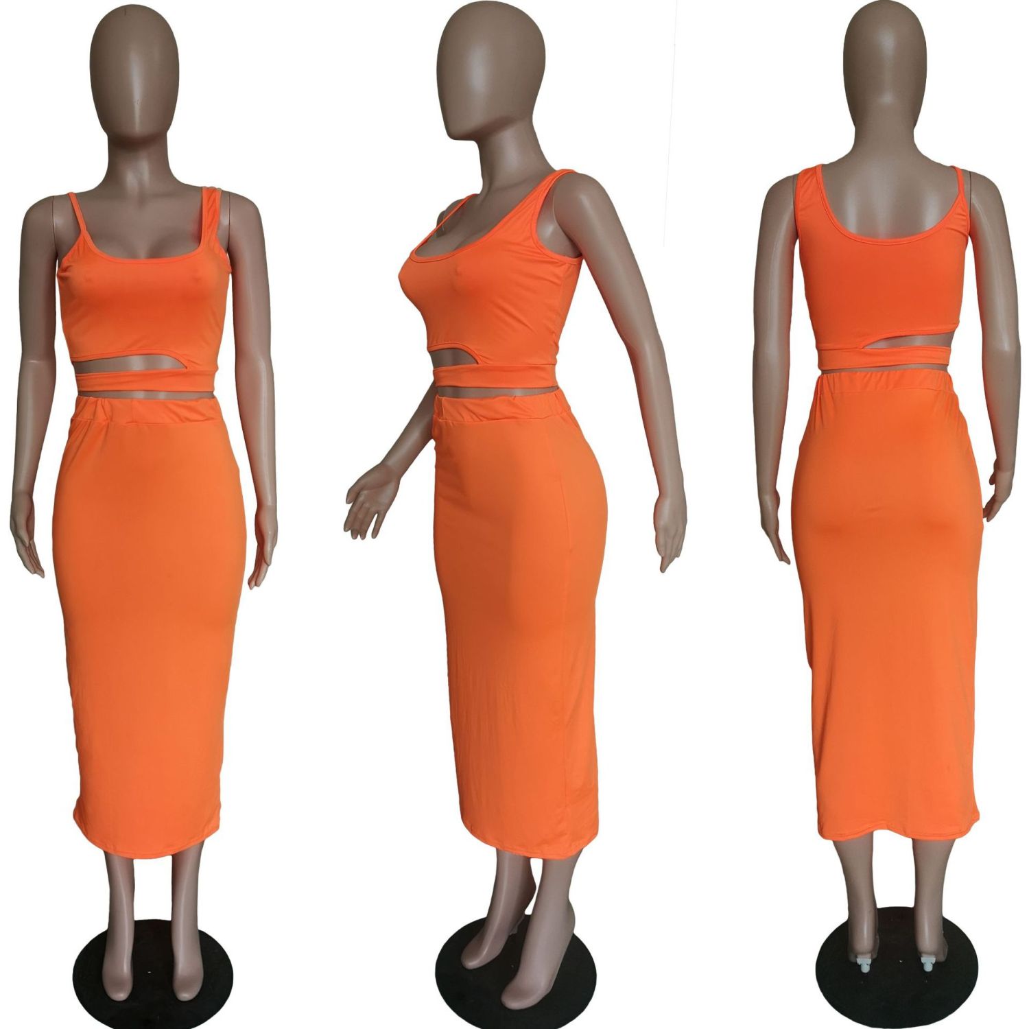 DearFashion Plus Size Solid Crop Top Long Skirt 2 Piece Sets BGN060