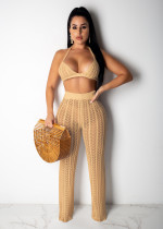 Fashion Knitted Mesh Cutout Perspective Long Pants Suit ZSD-046
