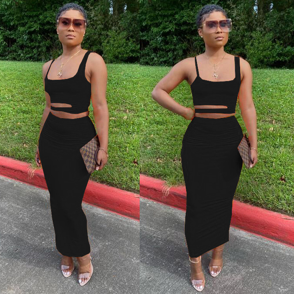 DearFashion Plus Size Solid Crop Top Long Skirt 2 Piece Sets BGN060