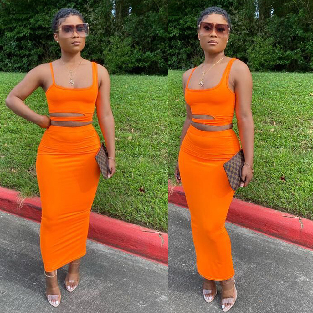 DearFashion Plus Size Solid Crop Top Long Skirt 2 Piece Sets BGN060