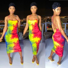 Tie Dye Print Backless Slim Midi Slip Dress BGN-058