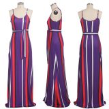 Colorful Stripe Sashes Loose Long Slip Dress SMR-9304