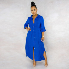 Solid Long Sleeve Button Maxi Shirt Dress SMR-9620