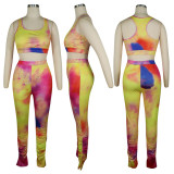Tie Dye Print Tank Top Split Stacked Pants 2 Piece Sets TE-4054