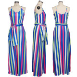 Colorful Stripe Spaghetti Strap Loose Maxi Dress SMR-9624