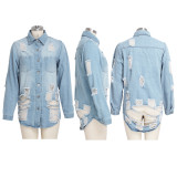 Casual Ripped Hole Button Long Denim Coats SMR-9625
