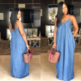 Plus Size Spaghetti Strap Loose Denim Maxi Dress SMR-8908