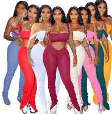 Solid Crop Top Split Stacked Pants Sexy 2 Piece Sets YIM-8095