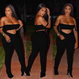 Solid Crop Top Split Stacked Pants Sexy 2 Piece Sets YIM-8095