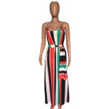 Colorful Striped Sashes Loose Maxi Slip Dress XMY-9034