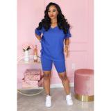 Solid V Neck T Shirt Shorts Two Piece Sets XMY-9239