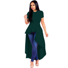 Plus Size Solid Ruffled Irregular High Low Long Dress XMY-9033