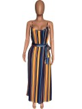 Colorful Striped Sashes Loose Maxi Slip Dress XMY-9034