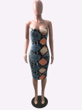 Snake Skin Print Strapless Bodycon Midi Tube Dress SHA-6040