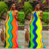 Sexy Rainbow Stripe Halter Backless Maxi Dress MN-9255