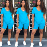Solid V Neck T Shirt And Shorts Two Piece Sets SHA-6073