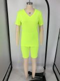 Solid V Neck T Shirt Shorts Two Piece Suits XMY-9240