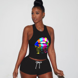 Plus Size Lips Print Gradient Tank Top Shorts 2 Piece Sets YIY-5178