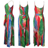 Tie Dye Print Loose Maxi Slip Dress With Headscarf XMY-9183