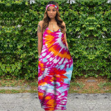 Tie Dye Print Loose Maxi Slip Dress With Headscarf XMY-9183