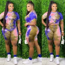 Plus Size 5XL Tie Dye Short Sleeve 2 Piece Shorts Set XMY-9248