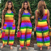 Plus Size Rainbow Stripe Sleeveless Loose Jumpsuits SHE-7181