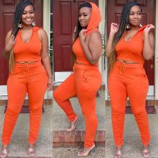 Solid Hooded Sleeveless Ruched 2 Piece Pants Set HM-6325