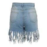 Plus Size Denim Tassel Straight Jeans Shorts HSF-2095