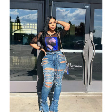 Plus Size Denim Ripped Hole High Waist Flared Jeans HSF-2083