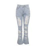 Plus Size Denim Hole Inelastic Straight Long Jeans HSF-2062