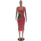 Tie Dye Print Sleeveless Split Slim Midi Dress YN-1012