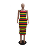Colorful Stripe Strappy Backless Midi Dress TR-1056