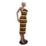 Colorful Stripe Strappy Backless Midi Dress TR-1056